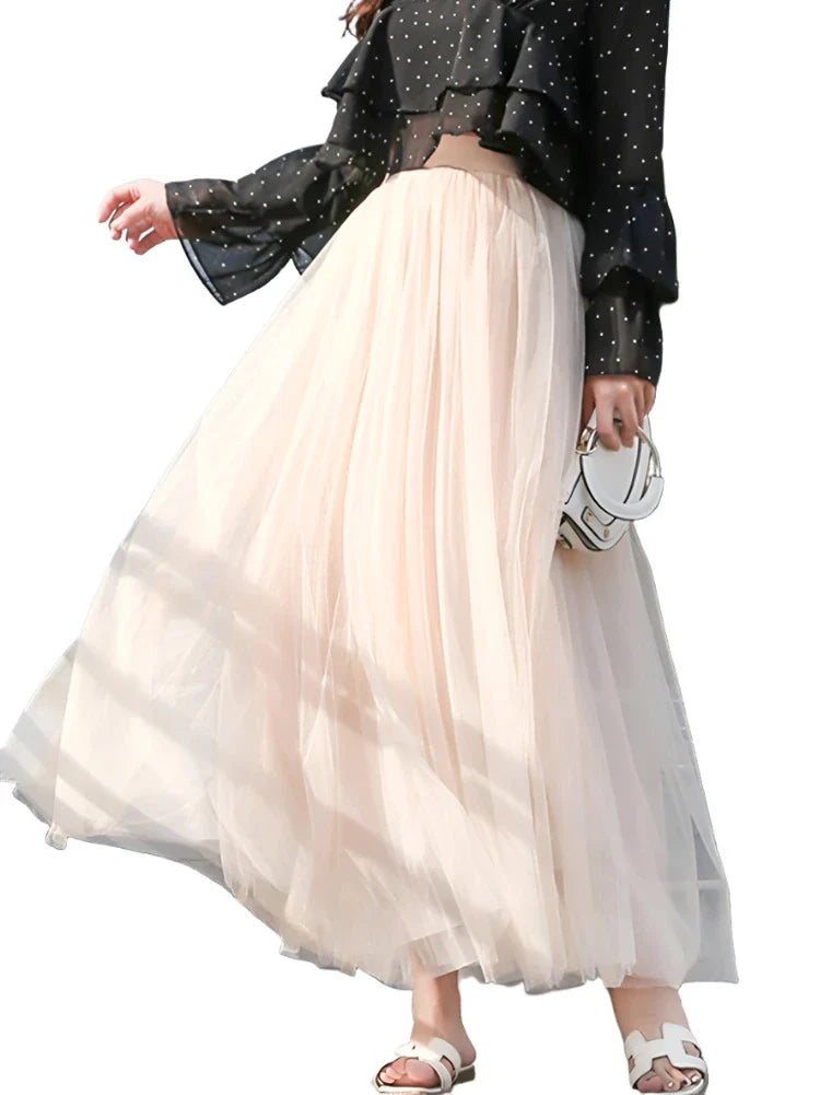 Qooth 3 Layers Mesh Long Tulle Skirt Elastic Waist Elegant High Waist Ball Gown Gauze Tutu Skirt