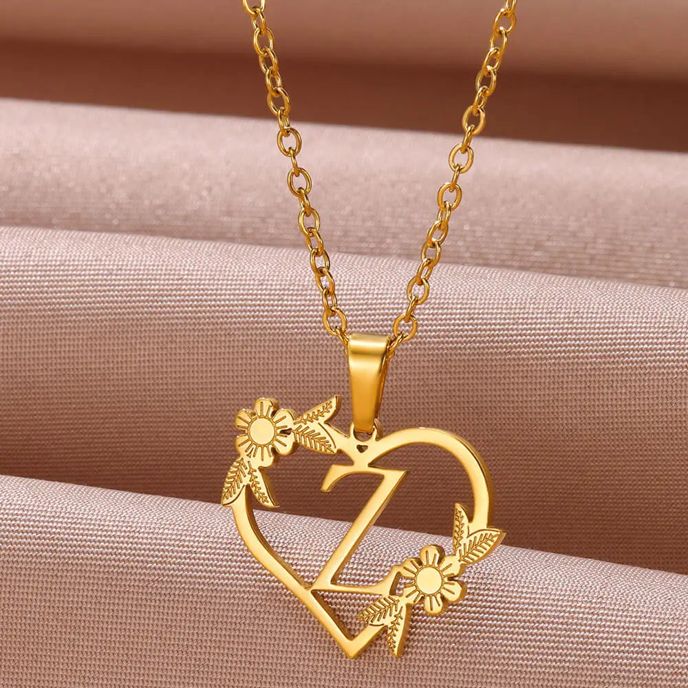 Gold Color Dainty Flower Initials Necklace Women Girl Stainless Steel Heart Letter Choker Necklace Best Gifts Alphabet Jewelry-Dollar Bargains Online Shopping Australia