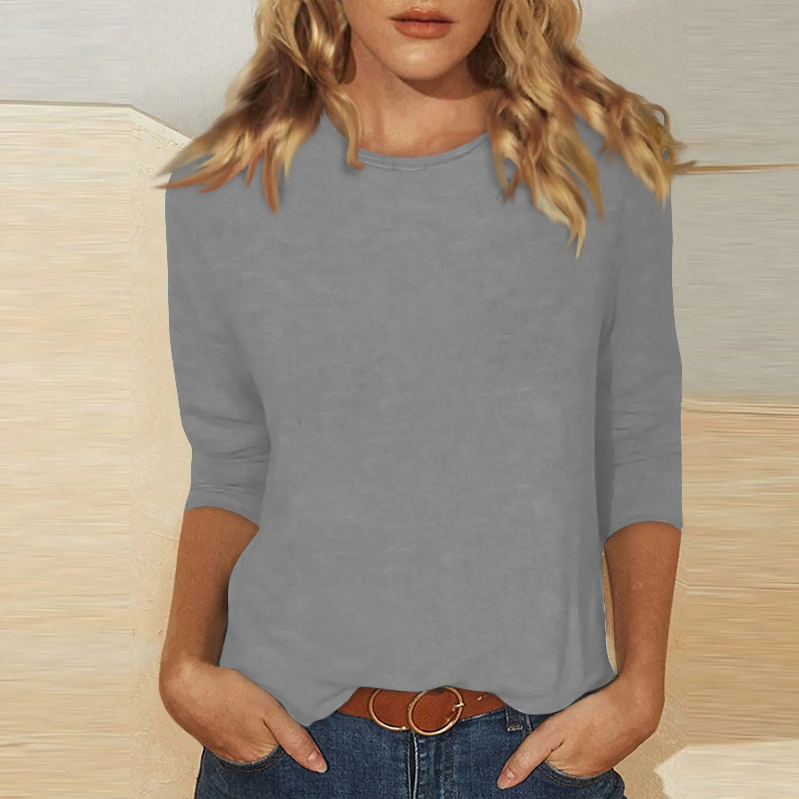 Women's Tops 3/4 Sleeve Summer Ethnic Solid Color O-Neck Slim Crewneck Slim Fit Tshirts Spring Blouse-Dollar Bargains Online Shopping Australia