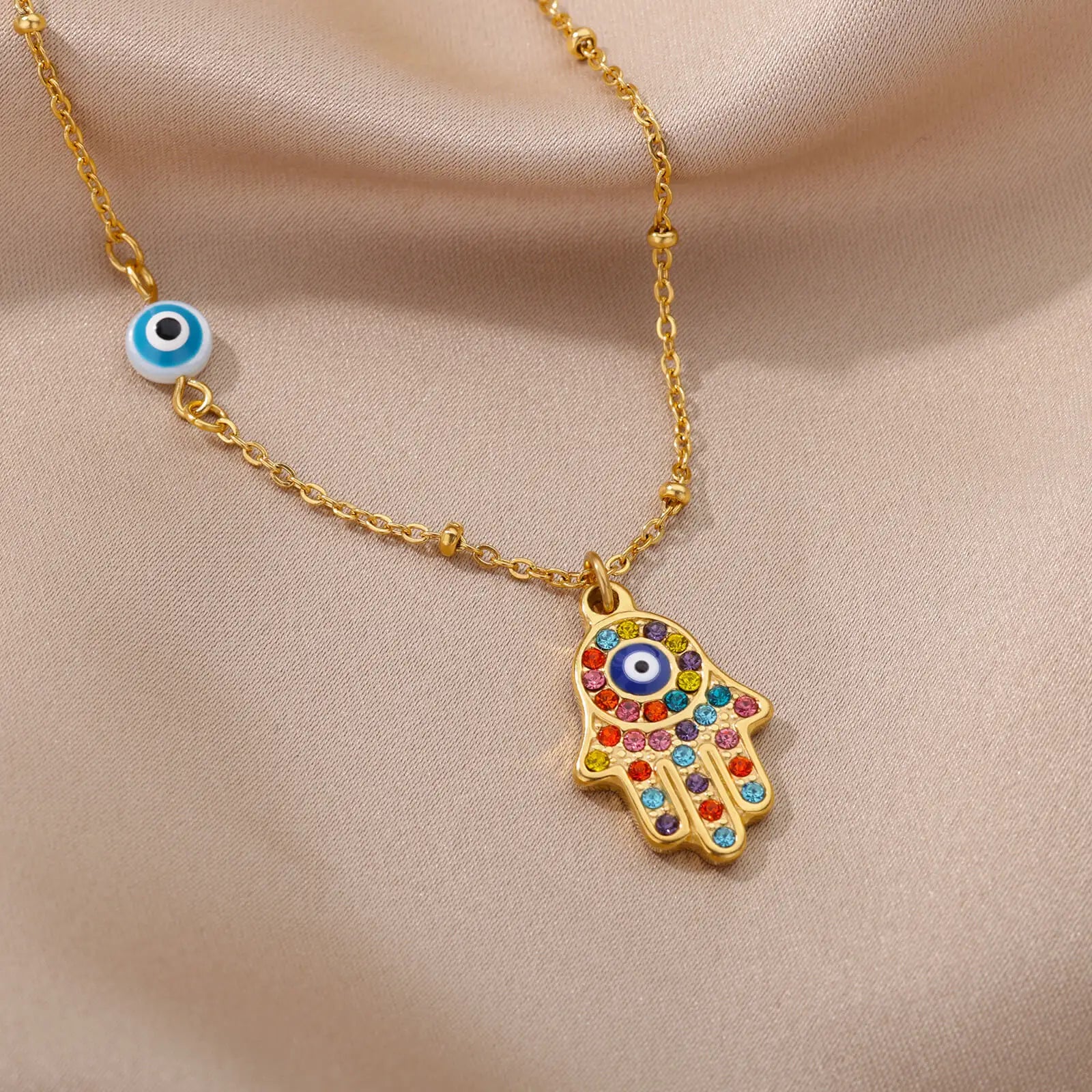 Zircon Evil Eye Pendant Necklace For Women Stainless Steel Turkish Eye Fatima Hand Chain Choker Collar Goth Jewelry-Dollar Bargains Online Shopping Australia