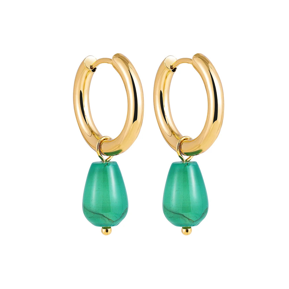Bohemian Handmade Natural Stone Beads Hoop Earrings for Women Golden Color Stainless Steel Circle-Dollar Bargains Online Shopping Australia