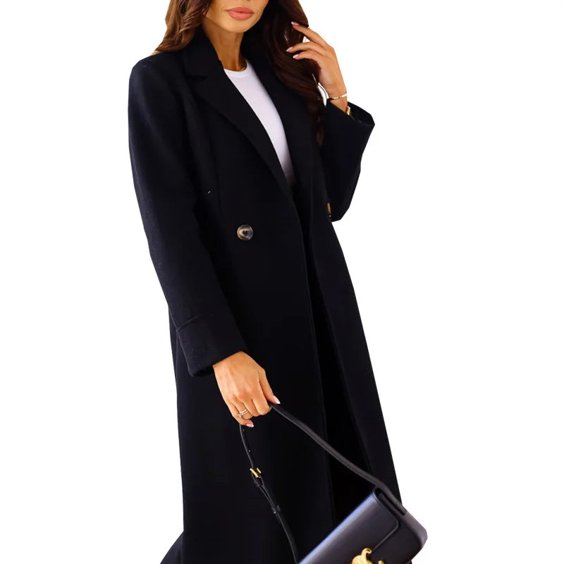simple long-sleeved lapel double-breasted woolen coat for women-Dollar Bargains Online Shopping Australia
