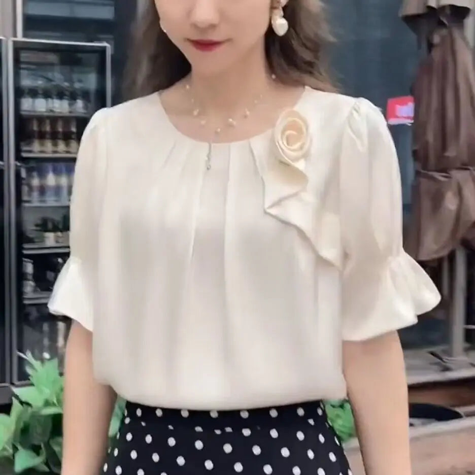 Folds Spliced Blouse Fashion All-match Round Neck Short Sleeve Shirt Women's-Dollar Bargains Online Shopping Australia