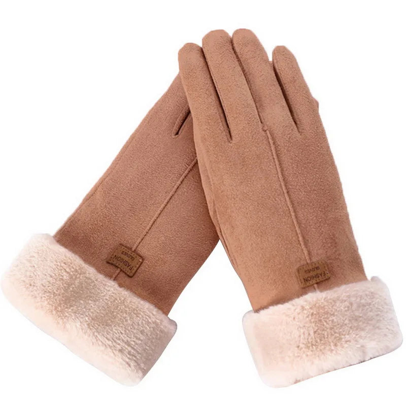 Cashmere Warm Suede Leather Cycling Mittens Double Thick Velvet Plush Wrist Women Touch Screen Driving Gloves-Dollar Bargains Online Shopping Australia