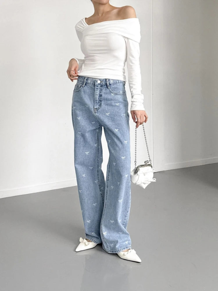 Women Light Blue Jeans Pant Korean Baggy Bow Decorated High Waisted Straight Leg Long Pant Female Casual Printed Button Trousers-Dollar Bargains Online Shopping Australia