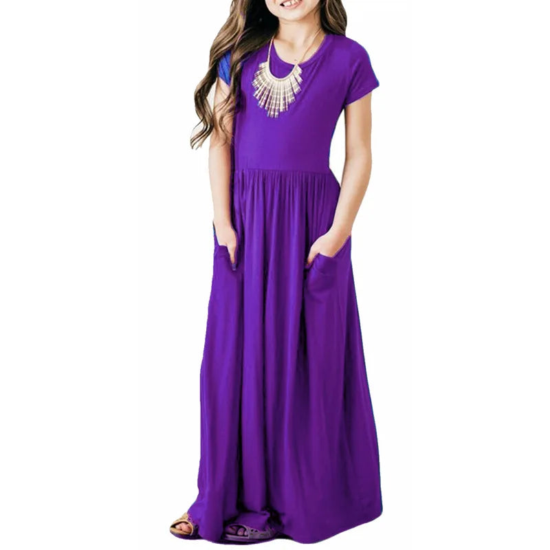 Girls Short Sleeved Long Dress Beach Party Birthday Casual Fashion Show Versatile A-Line Dress-Dollar Bargains Online Shopping Australia
