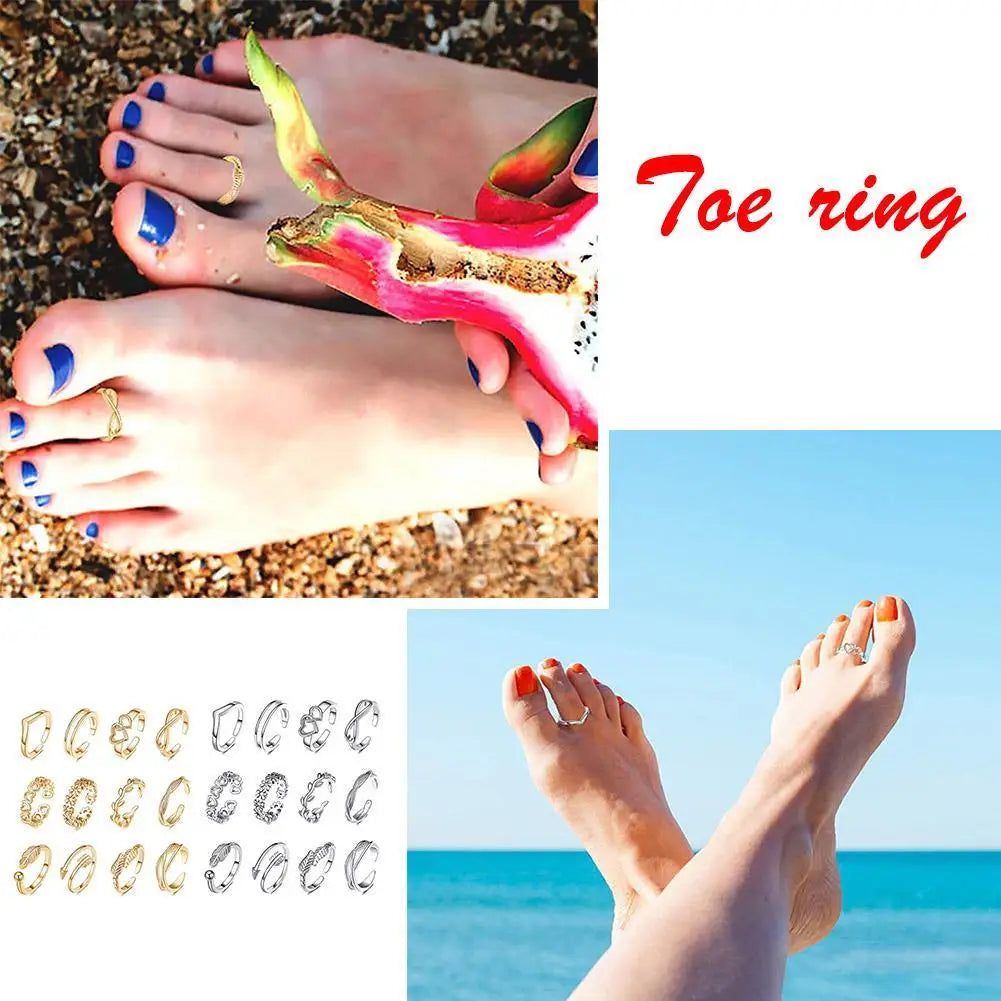 12pcs Adjustable Toe Rings For Women Girls Simple Beach Open Toe Set Cute Heart Feather Summer Toe Foot Jewelry-Dollar Bargains Online Shopping Australia