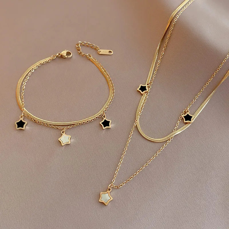 DIEYURO 316L Stainless Steel Multilayer Chain Star Charm Necklace Bracelet For Women New Trend Jewelry Set Girls Party Gifts-Dollar Bargains Online Shopping Australia