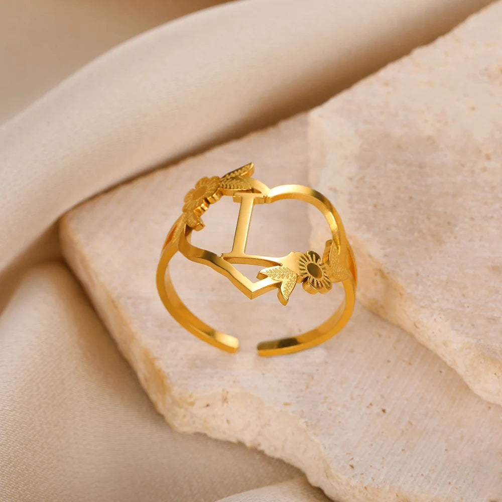 Stainless Steel Initials Flower Heart Rings Gold Color Adjustable Delicate Letter Leaf Rings For Women Girl Alphabet Jewelry-Dollar Bargains Online Shopping Australia