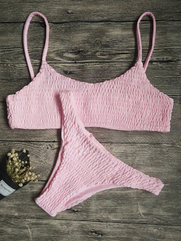Women Push-up Padded Bra Bikini Set Pleated Swimsuit Swimwear Swimming Beach Bathing Costume Bikini Set