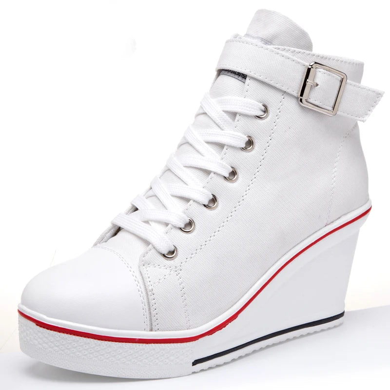 High Top Canvas Women Wedge Shoes Women's Denim Ankle Lace Up Ladies Ankle Canvas Shoes Woman 8cm Heels Sneakers-Dollar Bargains Online Shopping Australia