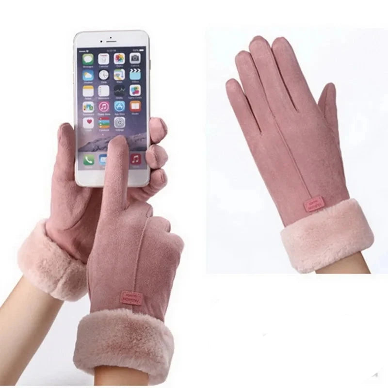 Cashmere Warm Suede Leather Cycling Mittens Double Thick Velvet Plush Wrist Women Touch Screen Driving Gloves-Dollar Bargains Online Shopping Australia