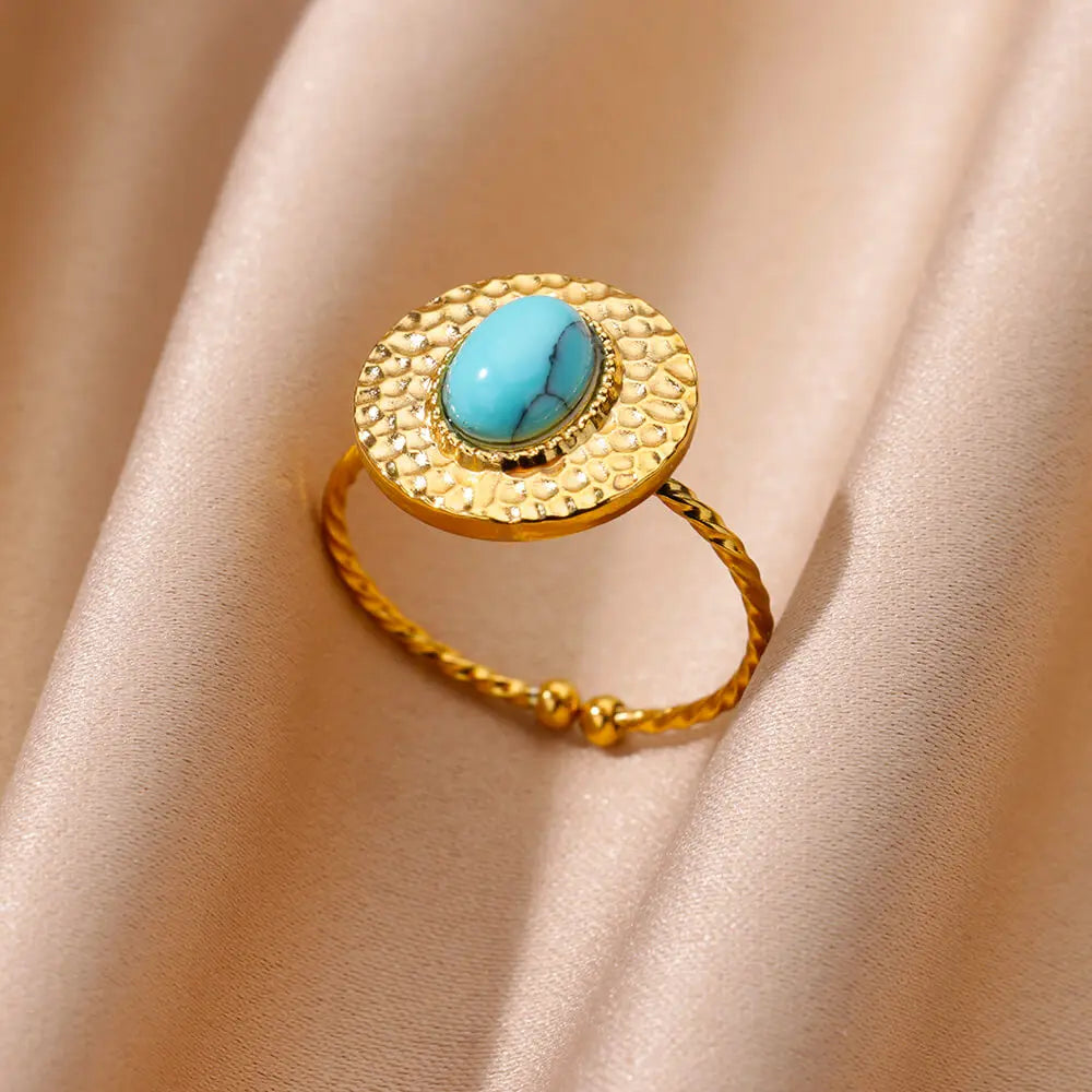 Gold Color Stainless Steel Shell Rings For Women Vintage Oval Blue Stone Adjustable Ring Fashion Party Jewelry Anniversary Gift-Dollar Bargains Online Shopping Australia