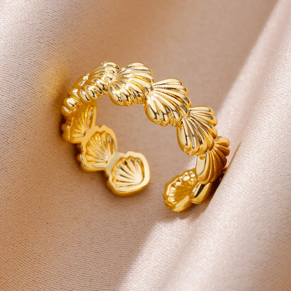 Gold Color Stainless Steel Shell Rings For Women Vintage Oval Blue Stone Adjustable Ring Fashion Party Jewelry Anniversary Gift-Dollar Bargains Online Shopping Australia