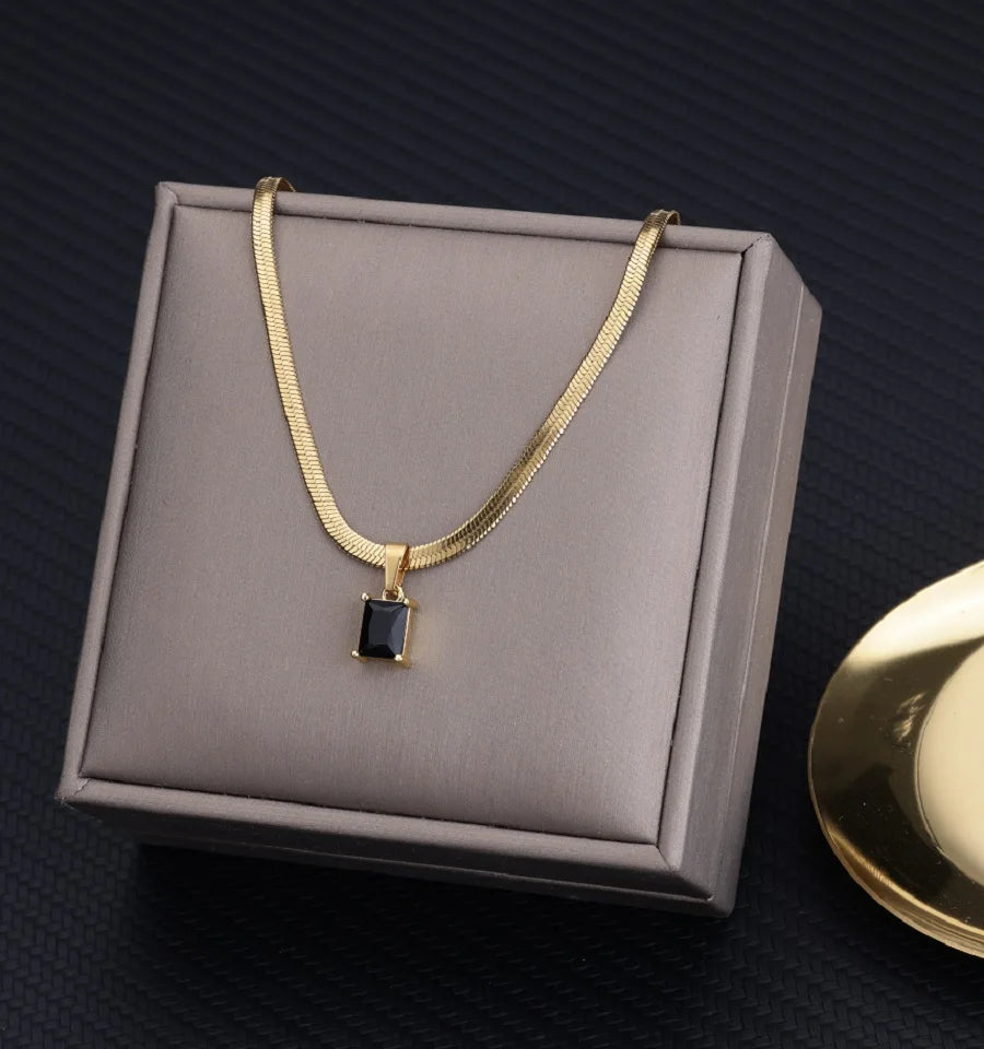 Vintage Rust Steel Zircon Necklace Flat Snake Bone Chain Blade Chain Square Emerald Pendant Necklace Women-Dollar Bargains Online Shopping Australia