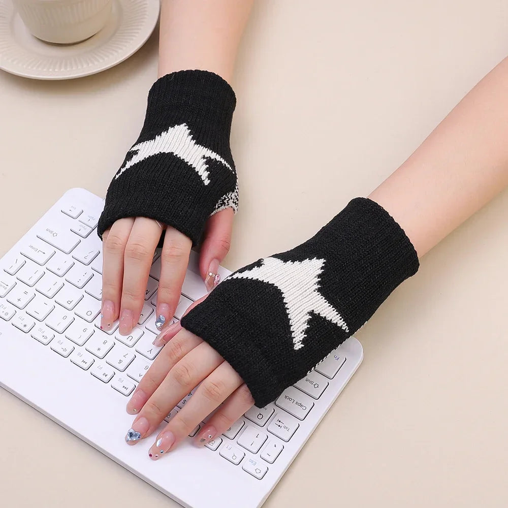 Winter Knitted Woolen Gloves Ins Fashion Y2K Men's Women's Half Finger Warm Five Pointed Star Fingerless Gloves Unisex-Dollar Bargains Online Shopping Australia