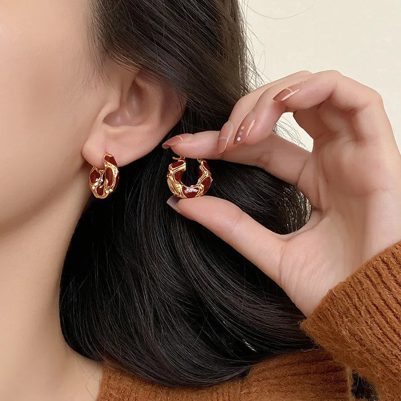 New Vintage Enamel Color Metal Texture Small Hoop Earrings for Women Trendy Gold Plated Statement Ear Buckle Creative Jewelry-Dollar Bargains Online Shopping Australia