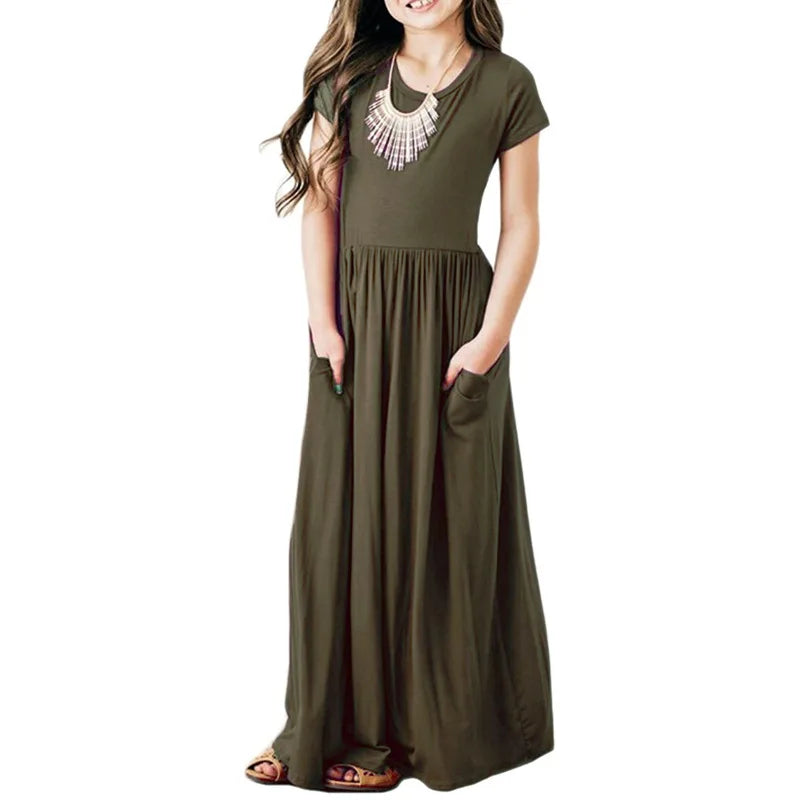 Girls Short Sleeved Long Dress Beach Party Birthday Casual Fashion Show Versatile A-Line Dress-Dollar Bargains Online Shopping Australia