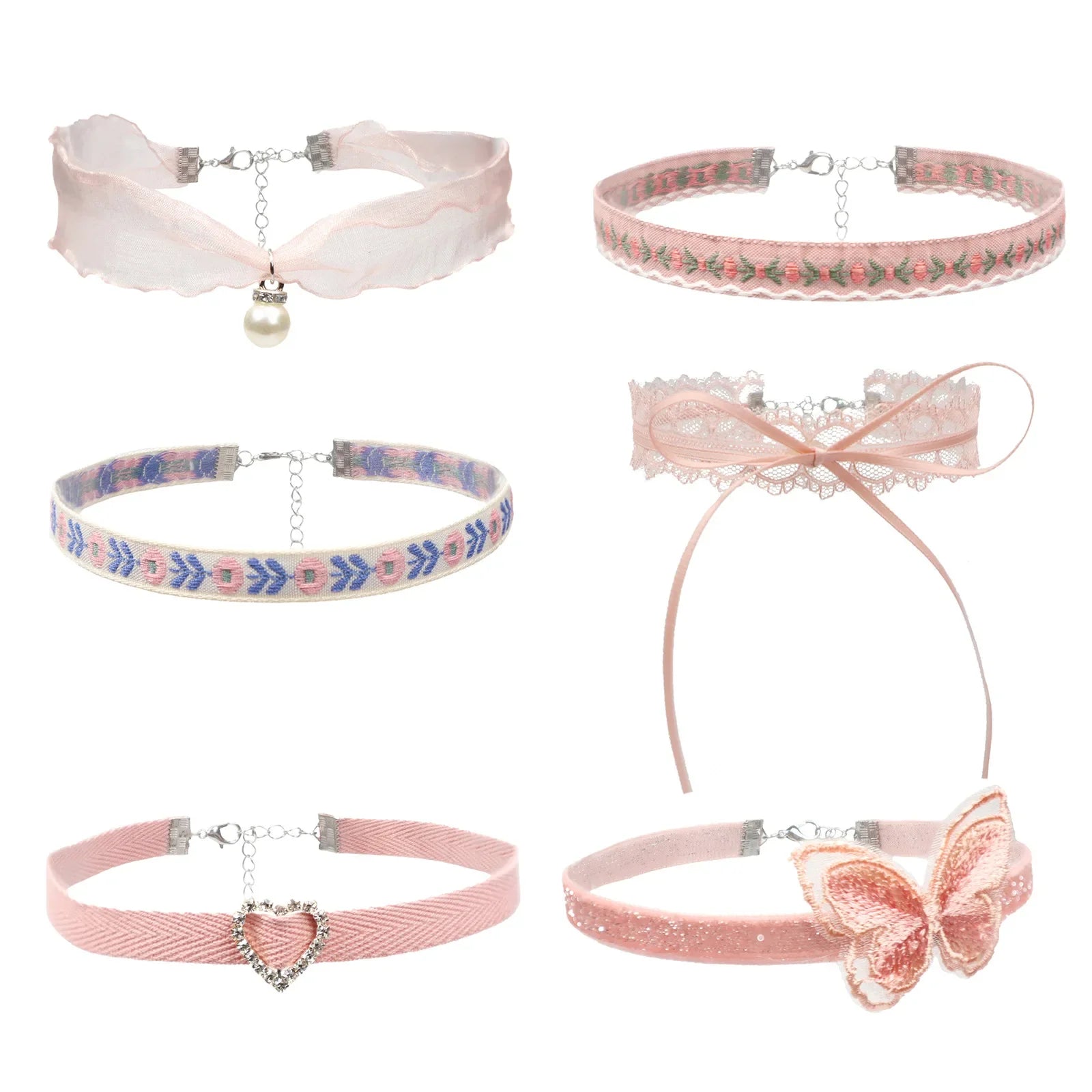 Korean Gothic Aesthetic Vintage Cute Pearl Bowknot Heart Pink Lace Choker Necklace For Women Y2K Party Jewelry Accessories Gift