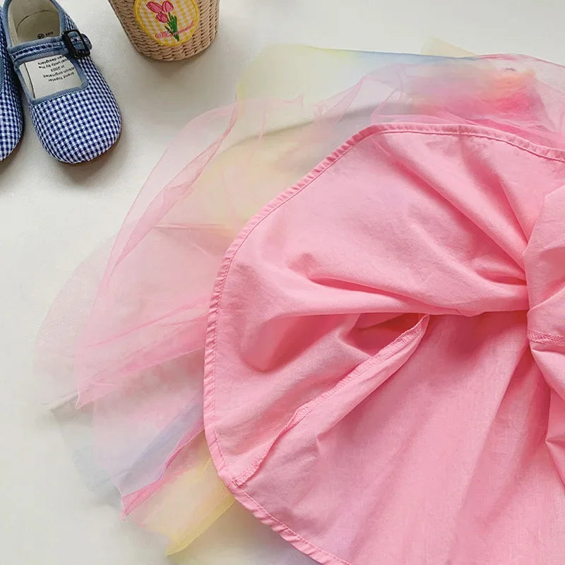 Toddler Baby Summer Princess Dress Kid Mesh Lace Sweet Rainbow Dress Sleeveless 3D Angel Wings Fairy Dress Children Clothes