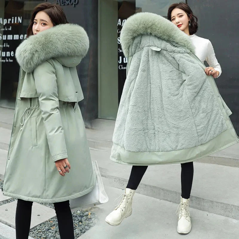 Women Parka Clothes Long Coat Wool Liner Hooded Jacket Fur Collar Thick Warm Snow Wear Fashion Parka-Dollar Bargains Online Shopping Australia