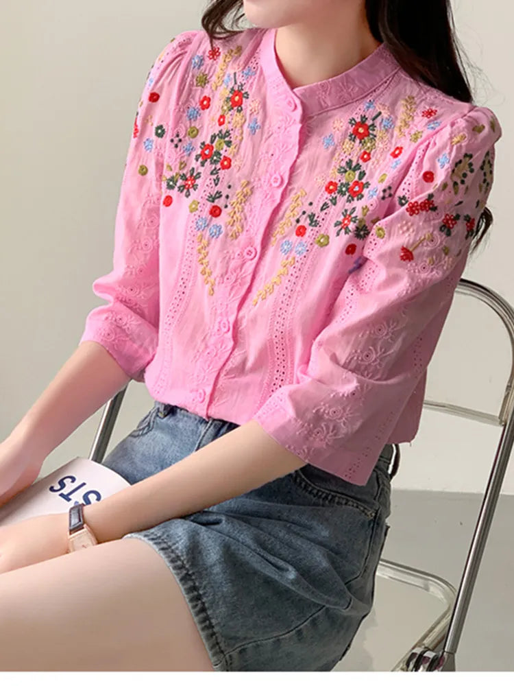 Vintage Embroidered Flower Jacquard Shirt For Women Romantic Gentle Style Versatile Stand Collar Shirt