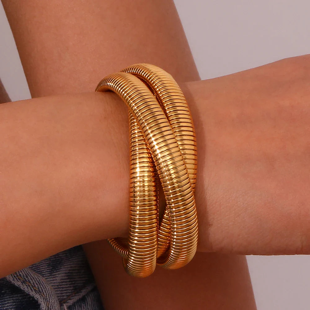 Stainless Steel PVD Gold Plated Mixed Popular 3 Layers Wrapped Bracelets Bangles For Women Elastic Chain Bangle