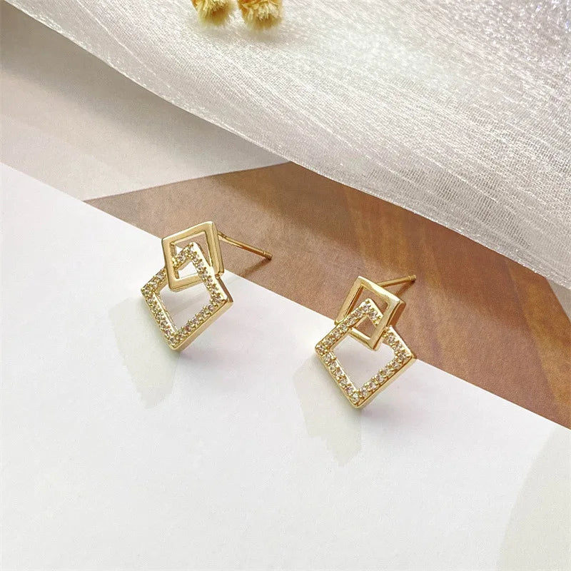 Korean Geometric Double Layers Rhombus Earrings for Women Gold Color Crystal Temperament Earring-Dollar Bargains Online Shopping Australia