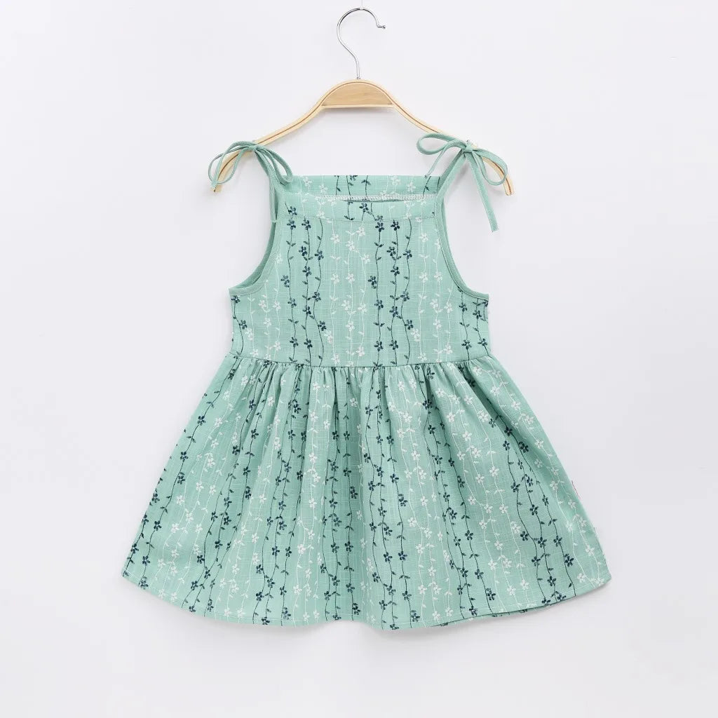 Girls Strappy Dress Kids Pink Sleeveless Printed Dress Baby Cotton And Linen Casual Princess Dress-Dollar Bargains Online Shopping Australia