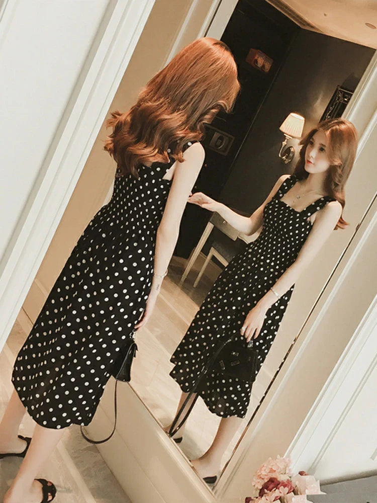 Beach Long Vintage Dots Casual Ruffles Elegant Maxi Strap Silky Dress Women-Dollar Bargains Online Shopping Australia