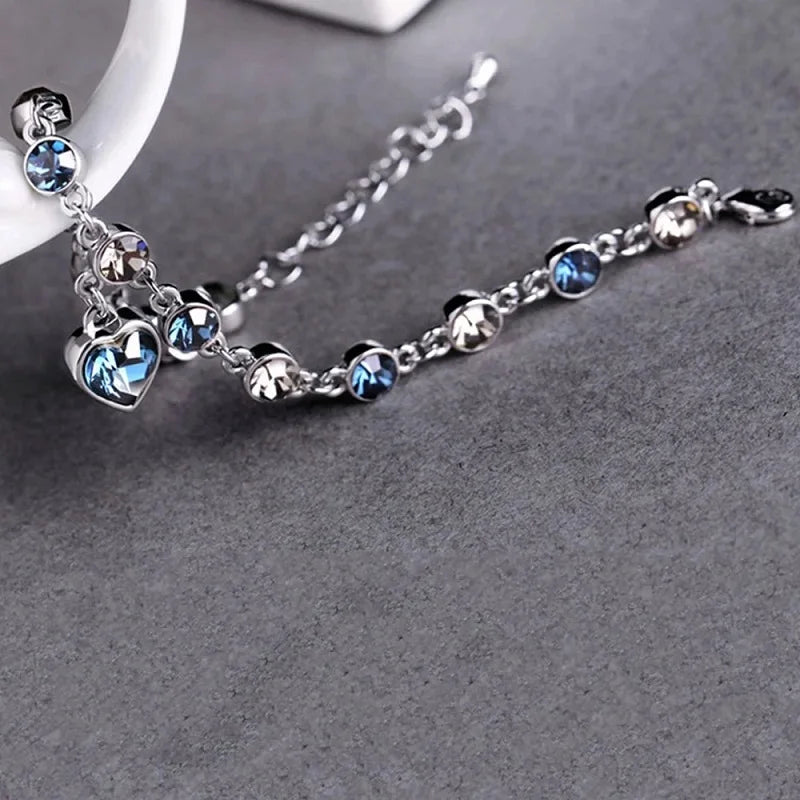 Fashion Heart of Ocean Pendant Bracelets New Shiny Blue Crystal Love  Bracelet for Women Valentine's Day Jewelry