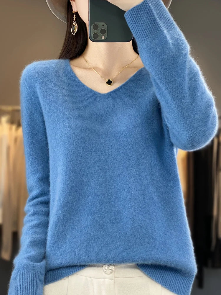 100% Merino Wool Women Sweater V-Neck Long Sleeve Basic Jumper Spring Autumn Winter Clothing Knitwear Tops