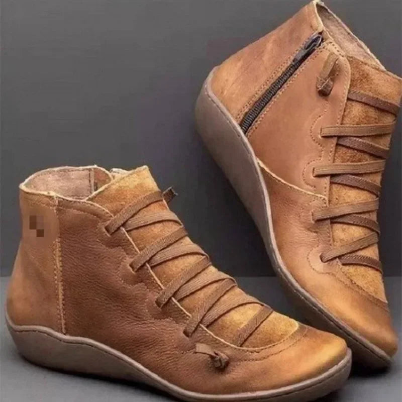 Women's Genuine Leather Flat Shoes Women's Retro Short Boots Fashion Matching Fur Women's Lace Up Boots