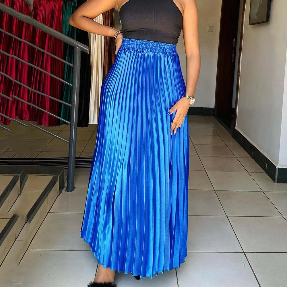 Elegant Pleated Skirts Women High Waisted Ankle Length Loose Solid Female Birthday Party Dinner Bottom Skirts