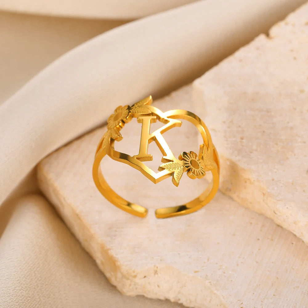 Stainless Steel Initials Flower Heart Rings Gold Color Adjustable Delicate Letter Leaf Rings For Women Girl Alphabet Jewelry-Dollar Bargains Online Shopping Australia