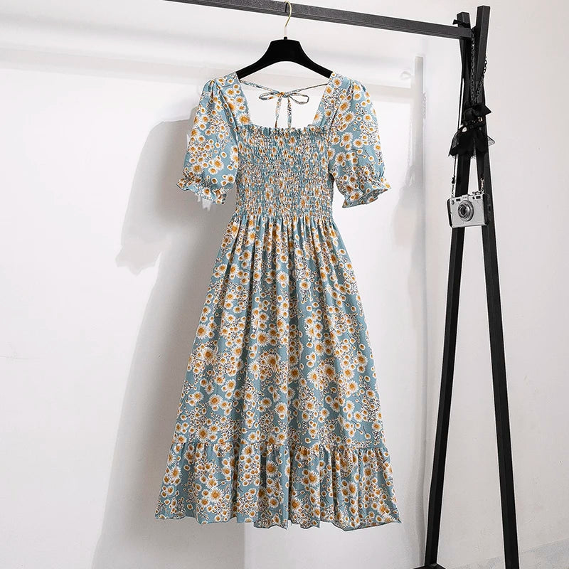 Chiffon Dresses Fashion Female Elastic Waist Short Sleeve Pleated Casual Dress Women A-line Dresses-Dollar Bargains Online Shopping Australia