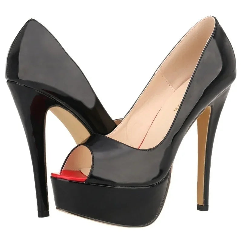 Women Pumps Sexy Platform Peep Toe 14cm Extremely Thin High Heels Stiletto Patent Leather Fashion Party Nighclub Wedding Shoes-Dollar Bargains Online Shopping Australia