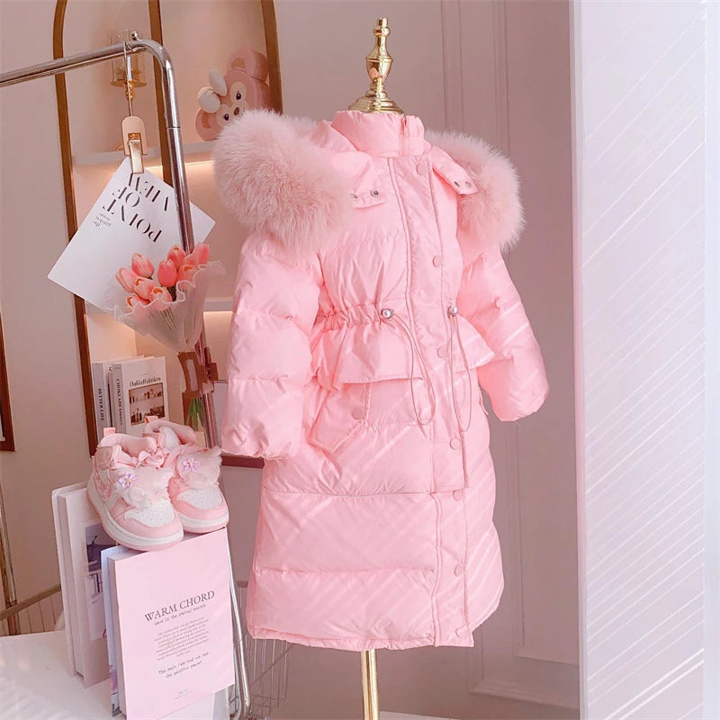 Winter Girls Sweet Long Down Jackets Hooded Big Fur Collar Kids Parkas Children Clothes Girls Windproof Thicken Warm Coats-Dollar Bargains Online Shopping Australia