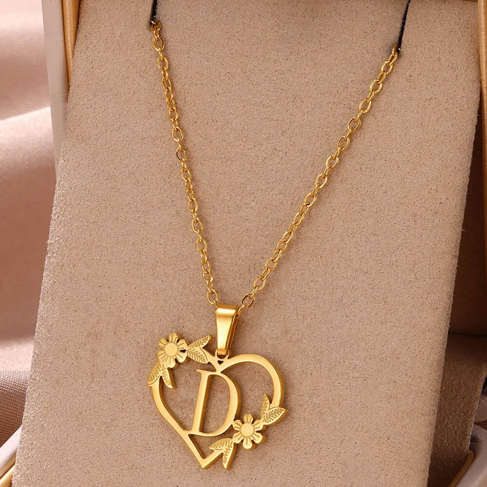 Gold Color Dainty Flower Initials Necklace Women Girl Stainless Steel Heart Letter Choker Necklace Best Gifts Alphabet Jewelry-Dollar Bargains Online Shopping Australia