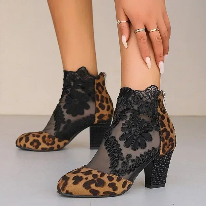 High Heels Boots Leopard Print Short Boots Women Lace Floral Back Zipper Round Toe-Dollar Bargains Online Shopping Australia