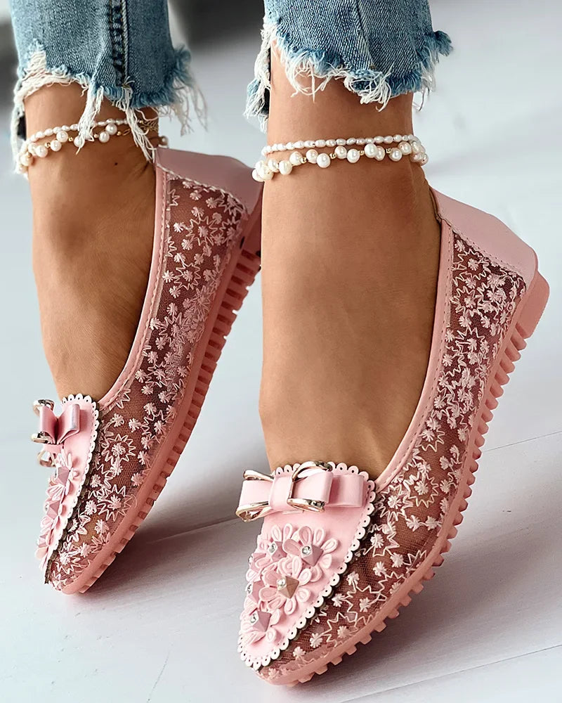 Summer Breathable Solid Color Vulcanized Shoes Floral Embroidery Bowknot Loafers Women Non-slip Flower Sneakers-Dollar Bargains Online Shopping Australia
