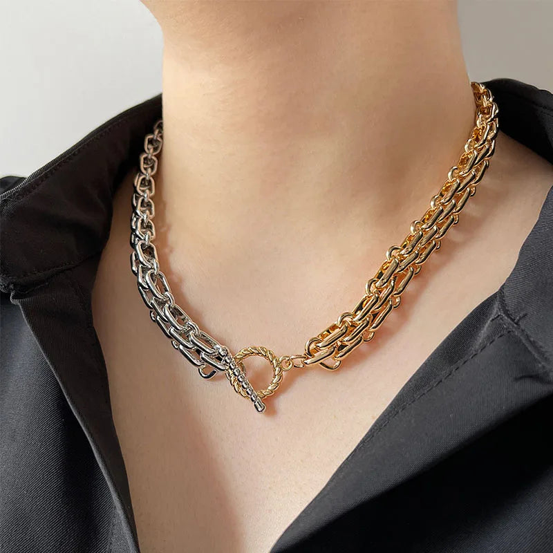 Hip Hop Two Tone Thick Wide Link Chains Chunky Necklace for Woman OT Buckle Metal Choker Necklaces Statement Jewelry Gift-Dollar Bargains Online Shopping Australia