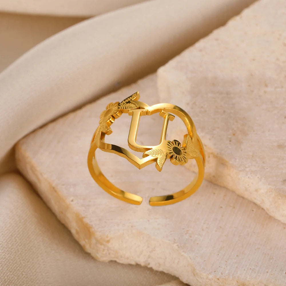Stainless Steel Initials Flower Heart Rings Gold Color Adjustable Delicate Letter Leaf Rings For Women Girl Alphabet Jewelry-Dollar Bargains Online Shopping Australia