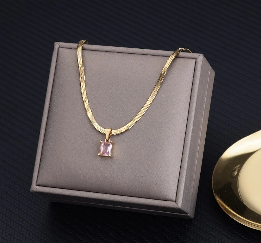 Vintage Rust Steel Zircon Necklace Flat Snake Bone Chain Blade Chain Square Emerald Pendant Necklace Women-Dollar Bargains Online Shopping Australia
