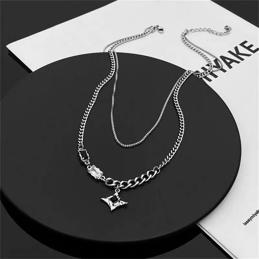 Hip Hop Zircon Star Double Layer Necklace For Men Women Trend Charm Titanium Steel Pendant Chain Unisex Jewelry-Dollar Bargains Online Shopping Australia