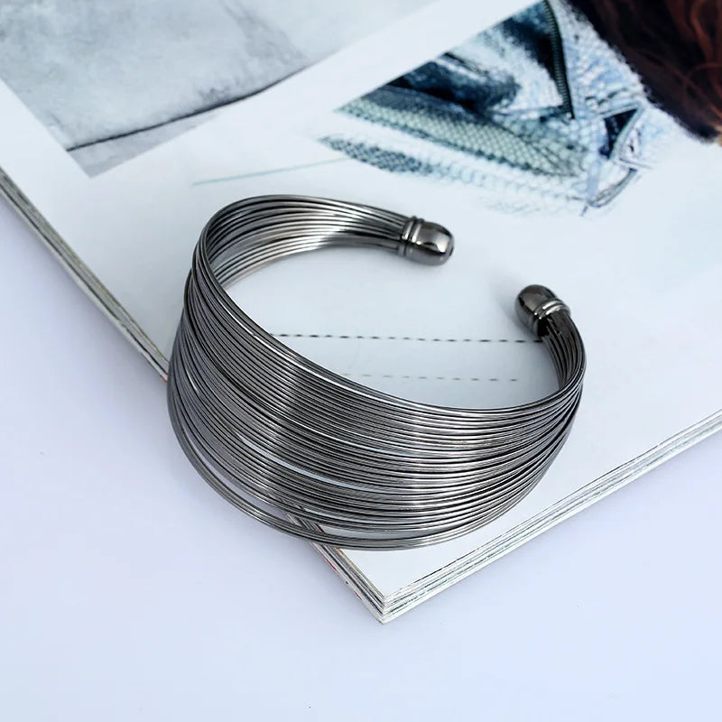 Punk Multilayer Metal Wires Strings Bracelets Bangles For Women Vintage Exaggerated Gold Color Wide Open Cuff Bangles Jewelry-Dollar Bargains Online Shopping Australia