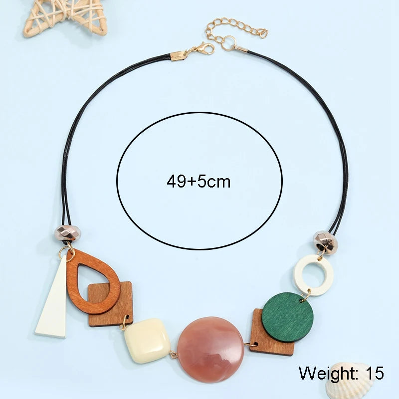 Vintage Wooden Geometric Pendant Necklace with Collar Handmade Ethnic Statement Bib Necklaces for Women Neck-Dollar Bargains Online Shopping Australia