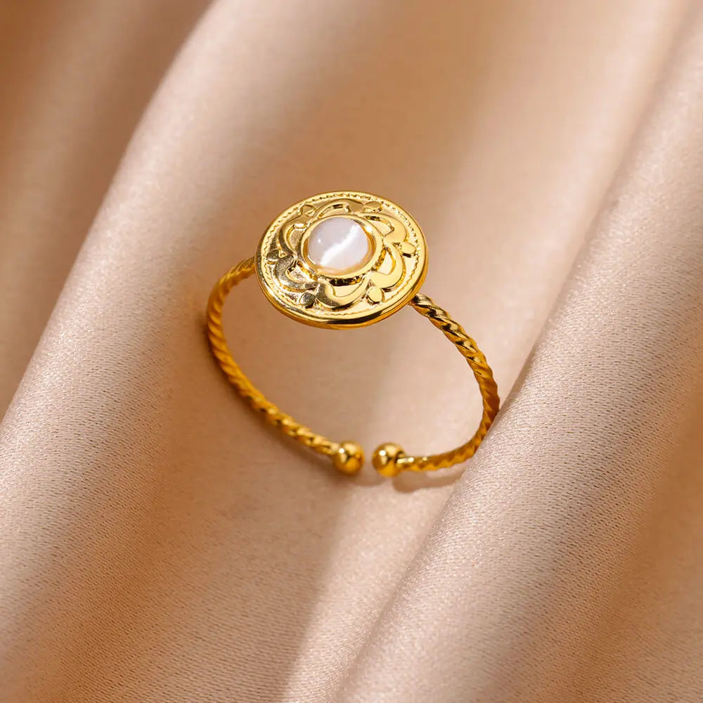 Gold Color Stainless Steel Shell Rings For Women Vintage Oval Blue Stone Adjustable Ring Fashion Party Jewelry Anniversary Gift-Dollar Bargains Online Shopping Australia