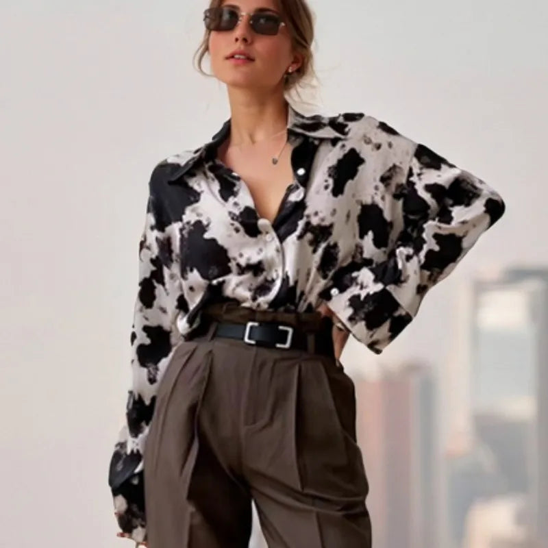 Cow Print Button Up Shirts Women Spring Plus Size Tops Korean Fashion Clothes Chiffon Streetwear Long Sleeve-Dollar Bargains Online Shopping Australia