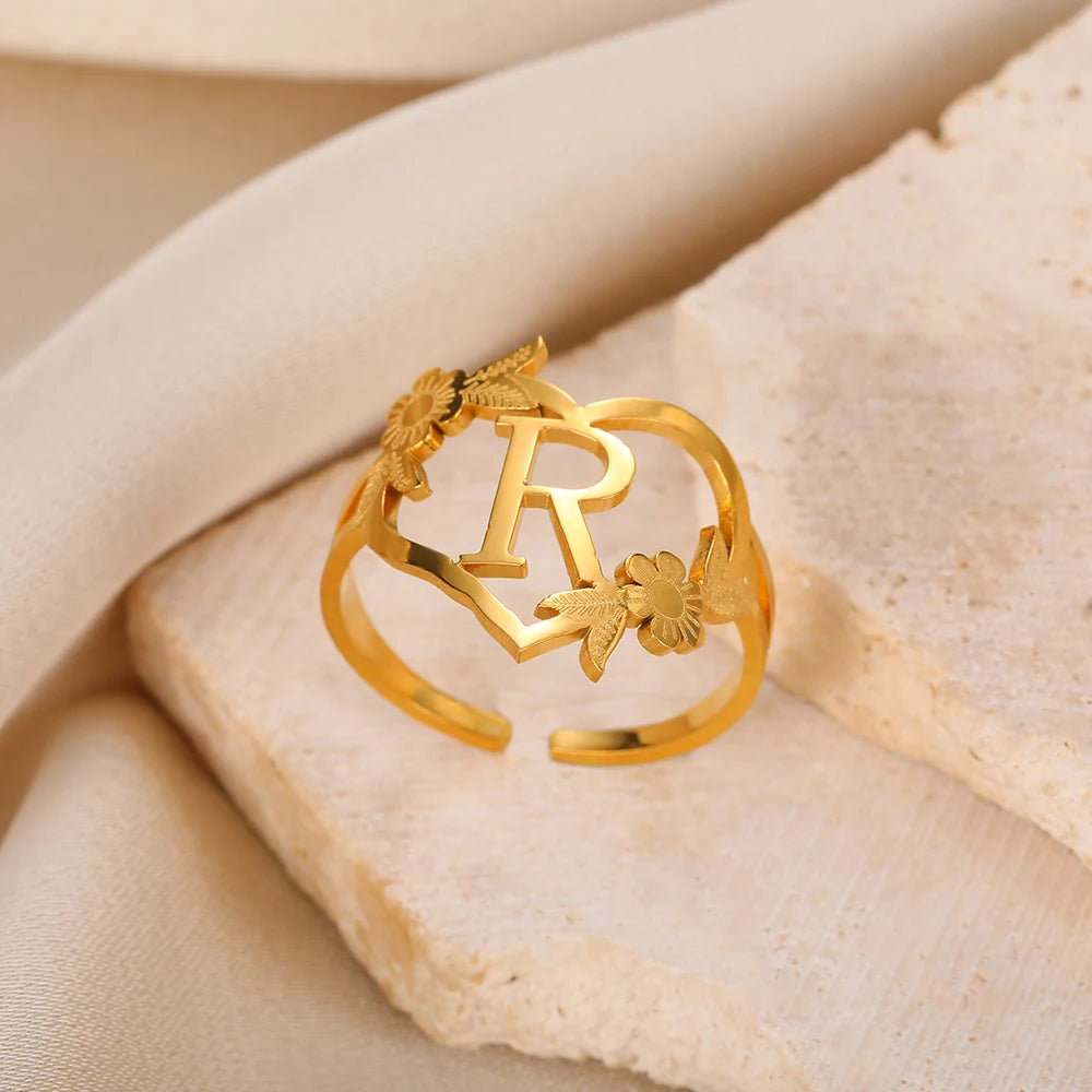Stainless Steel Initials Flower Heart Rings Gold Color Adjustable Delicate Letter Leaf Rings For Women Girl Alphabet Jewelry-Dollar Bargains Online Shopping Australia